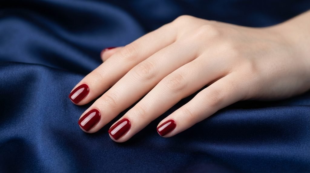 Close-up photograph of high-gloss garnet red short square nails on a young woman's hand resting on royal-blue silk.