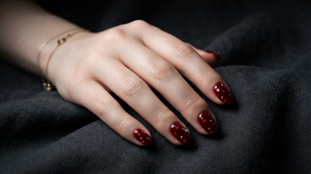 Deep cherry red gel nails adorned with 3D clear jelly drops on pale hand.
