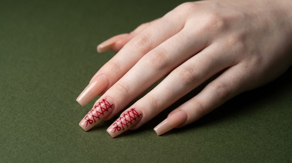 Red corset ribbon nail art design on long coffin nails.