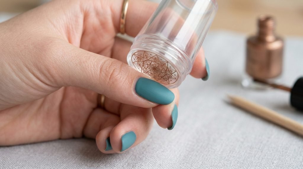 Silicone stamper applying bronze foil design onto a matte teal nail on a white skin female hand.