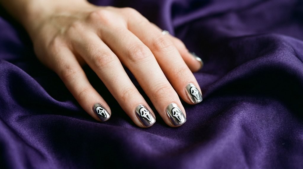 Metallic chrome ghost face nails on an 18-year-old female hand over violet silk.