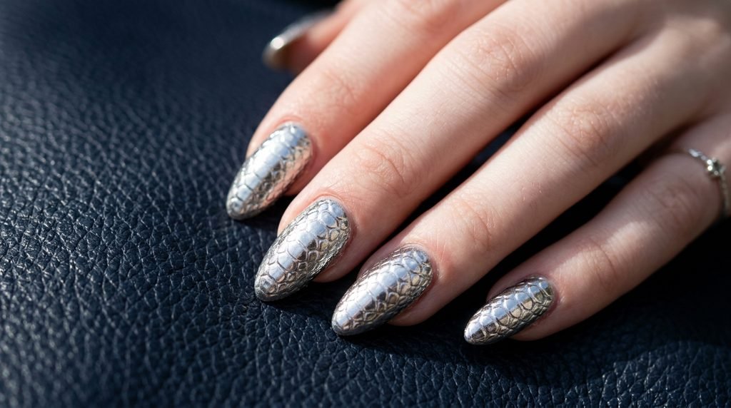 Silver chrome snake print nails on a very white skin hand against dark navy leather.