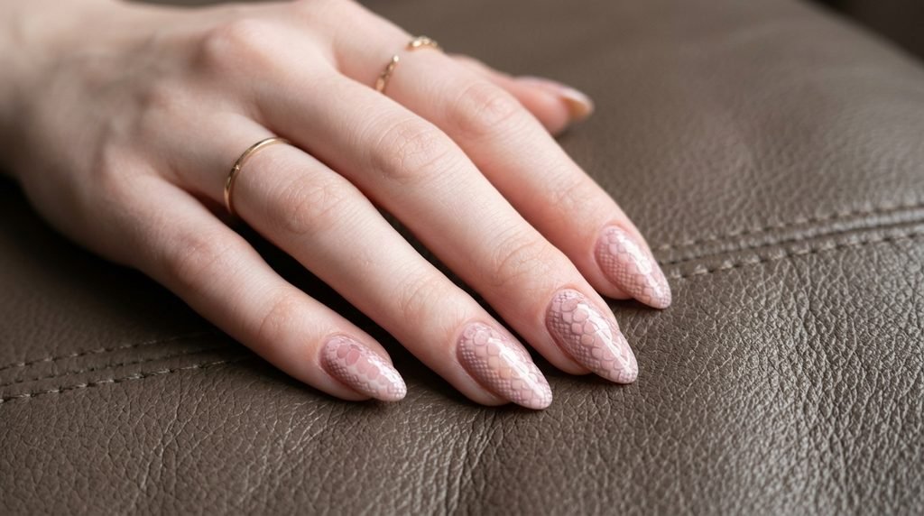 Pastel pink and nude snake scale nails on a pale female hand over dark beige leather.