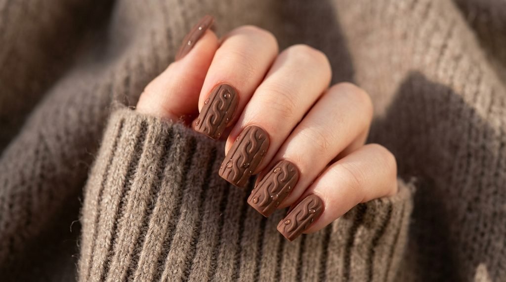 Matte cocoa square nails featuring raised 3D cable knit patterns on an eighteen year old female hand with fair skin against taupe fabric.