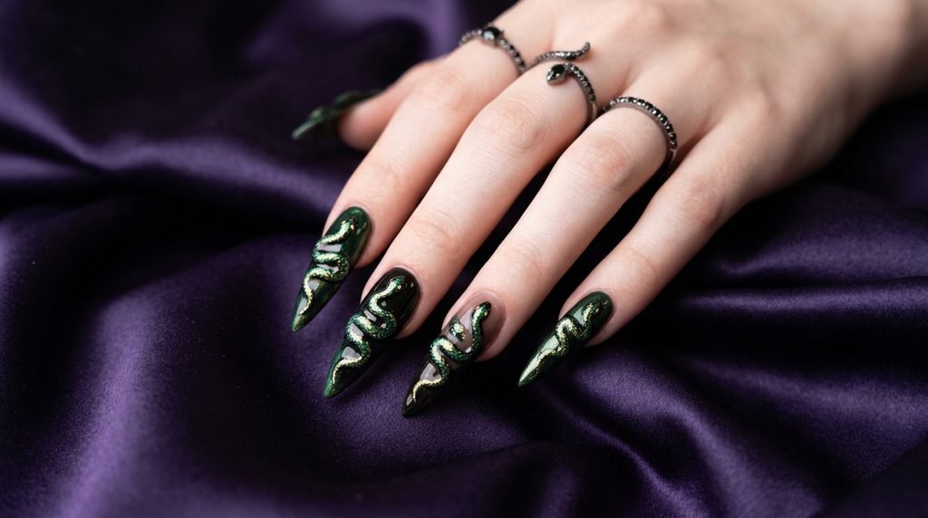 Sharp stiletto nails with viper art on a pale female hand against dark violet satin.
