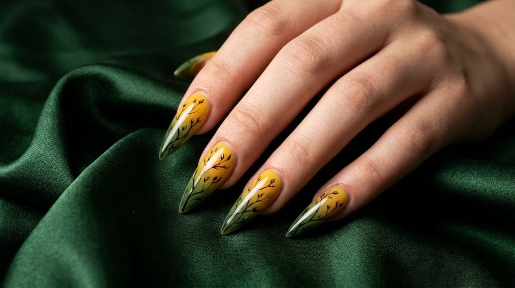 Sharp stiletto nails painted with dark green branches stretching toward golden tips.