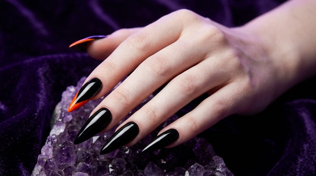 Long jet black stiletto nails with a sharp  orange tip on an 18-year-old pale female hand over dark amethyst.