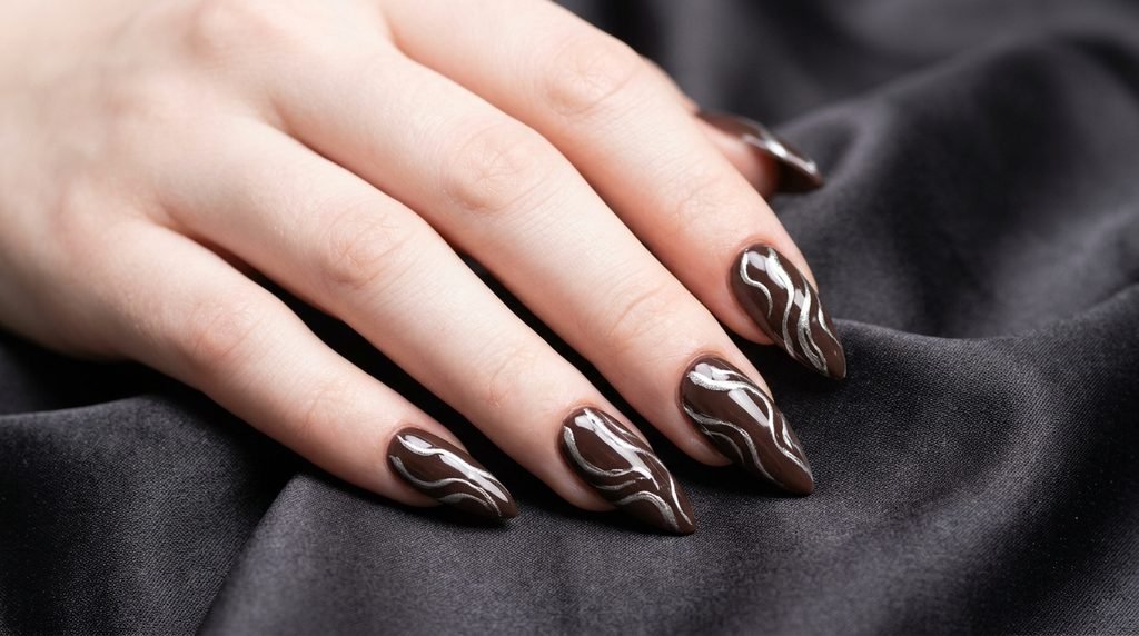 Matte mocha coffin nails with shiny high-gloss tips on an eighteen year old female hand with light skin against olive green linen.