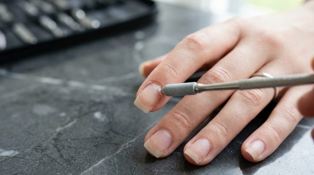 Macro shot of cuticle pusher prepping natural square nails on a dark grey marble surface.