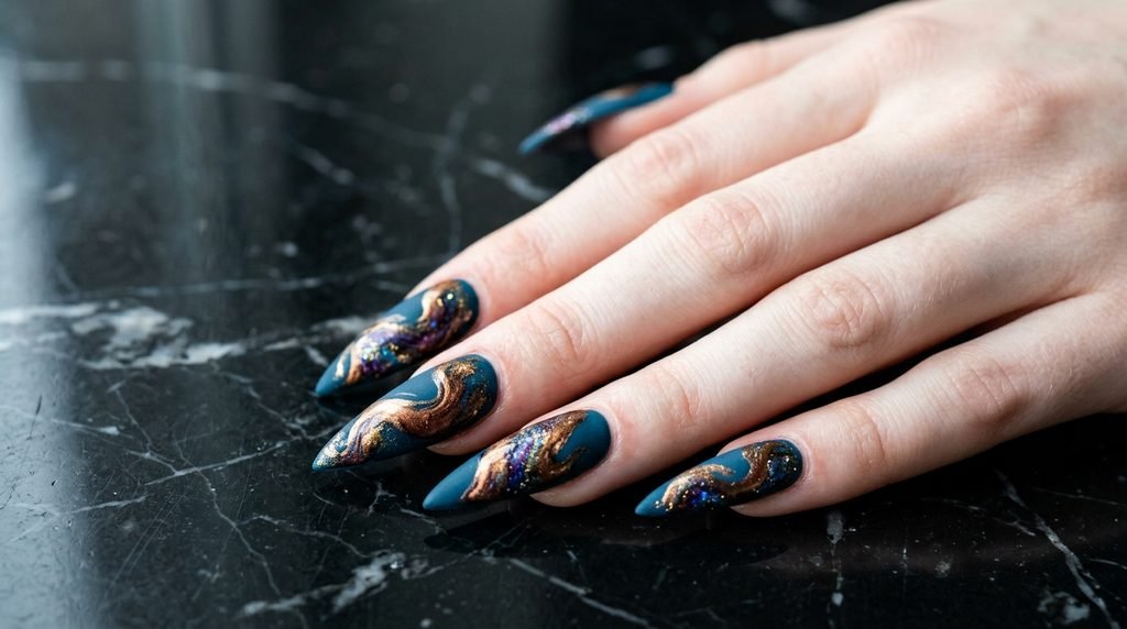 Stiletto nails painted in matte teal and molten bronze swirls on an 18-year-old female hand with clear white skin.