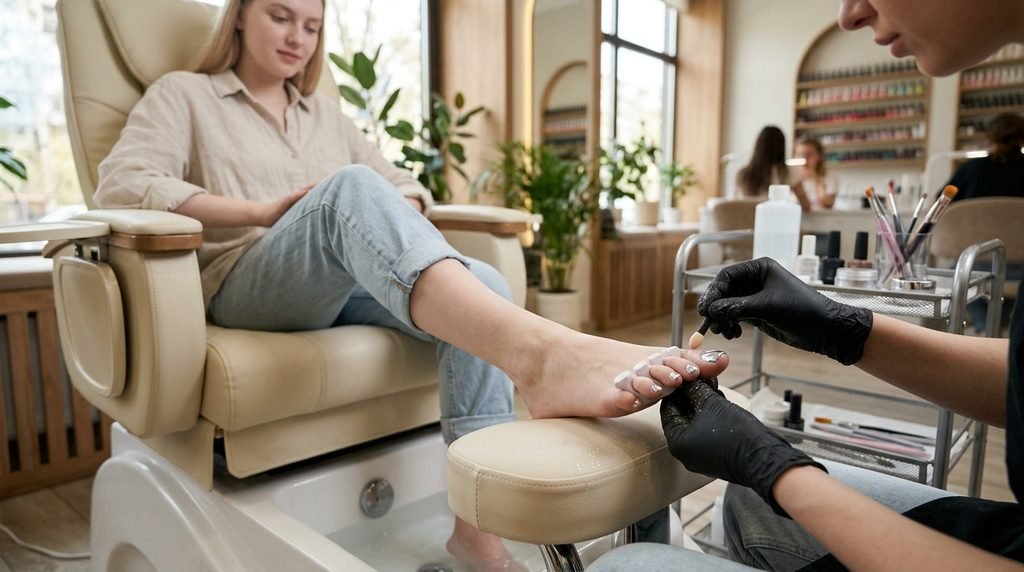 A nail technician applying chrome powder to a toe nail in a brightly lit salon.
