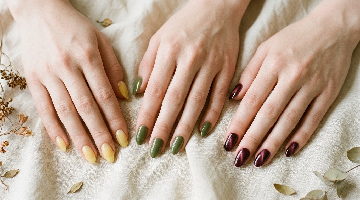 Three 18-year-old female hands with very white skin displaying nail colors for August, September, and October side by side.