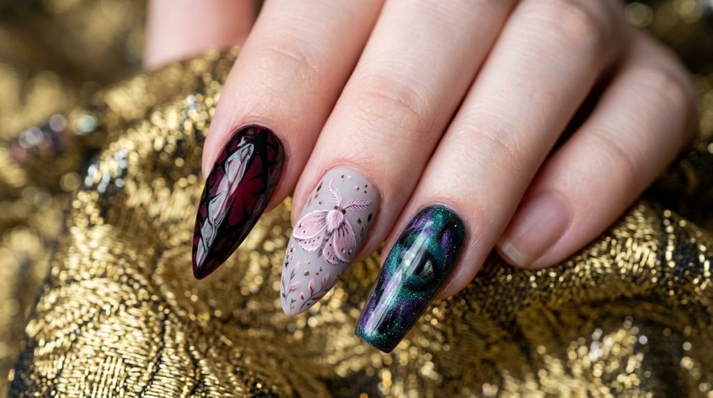 Three almond nails showcasing different moth styles: a dark gothic wing design, a soft pink whimsical moth, and a mystical teal cryptid design. Hands with very white skin posed on luxurious gold fabric.