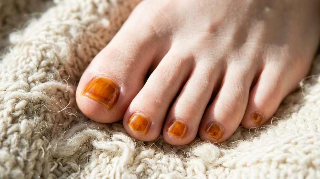 Macro photography of translucent amber jelly polish on toenails with fair skin.