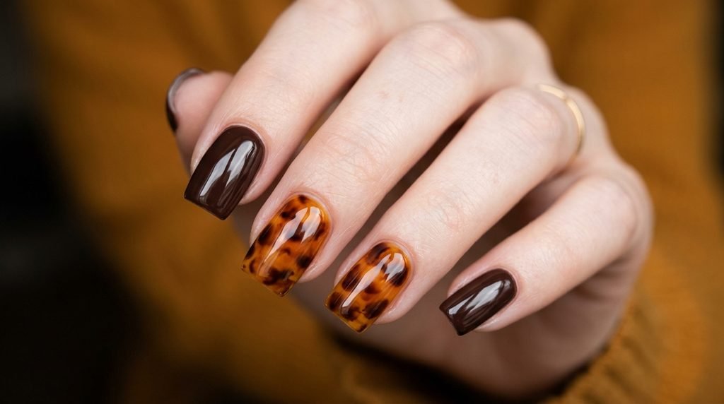 Square nails featuring dark brown tortoiseshell glass print accents on an eighteen year old female hand with light skin over an amber background.