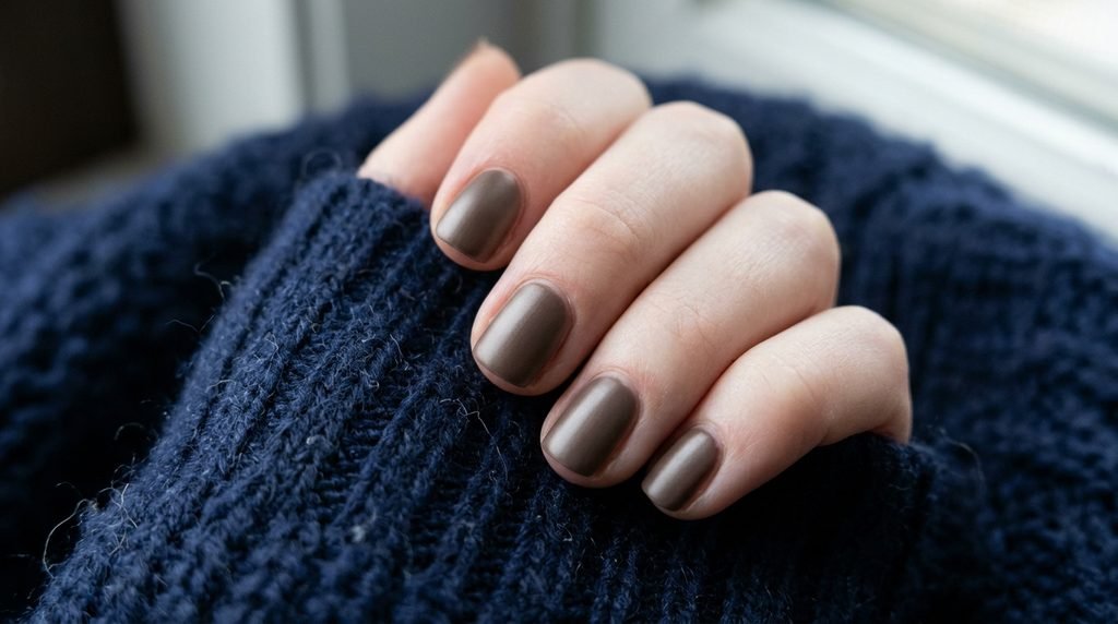 Cashmere nails in deep hazelnut taupe on short squoval nails against navy blue background.