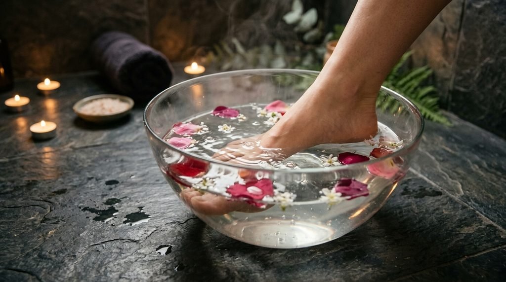 18-year-old female feet with very white skin soaking in a bowl of warm water on dark slate stone.
