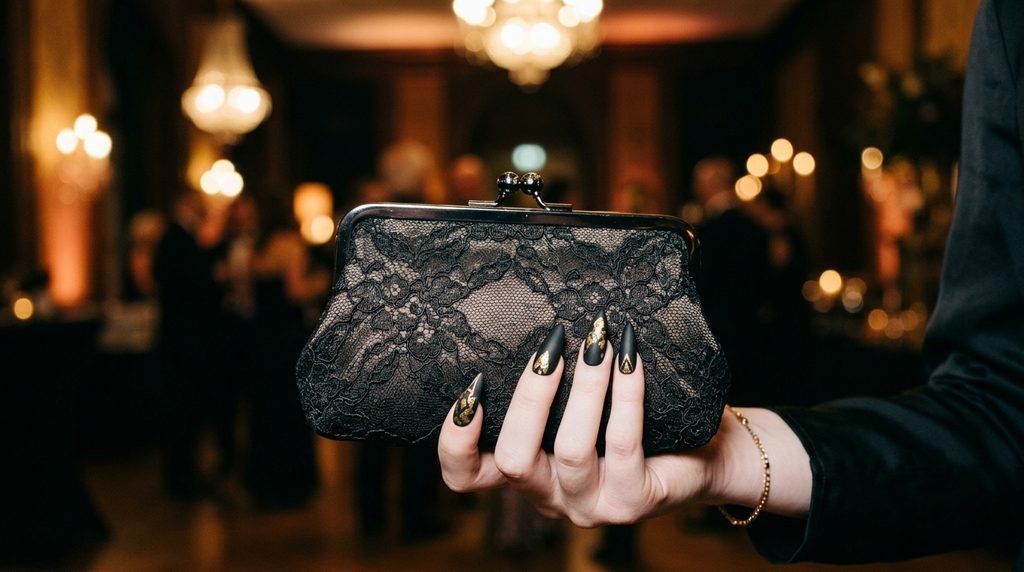 An 18-year-old female hand with very white skin holding a lace clutch bag, showing matte black and gold stiletto nails in dark ambient light.