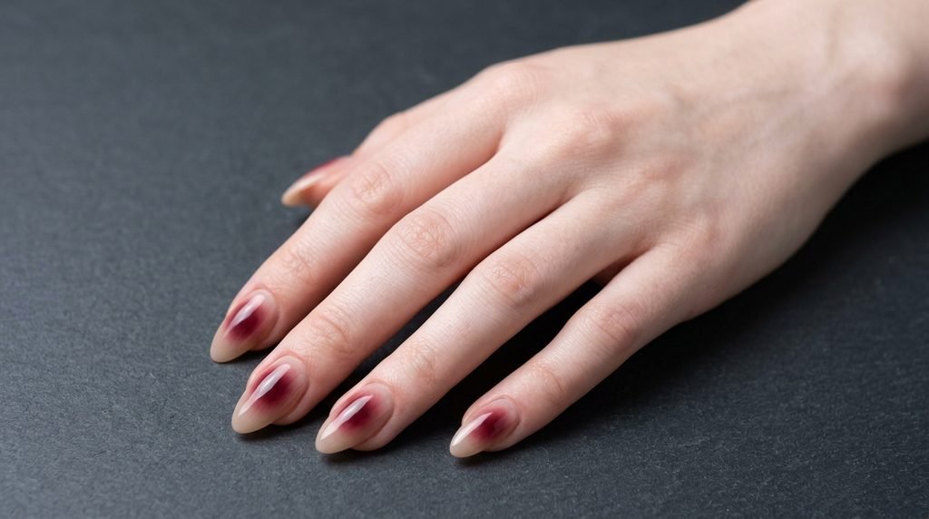 Wine-red aura gradient almond nails on an 18-year-old female hand with very white skin tone on dark slate grey background.