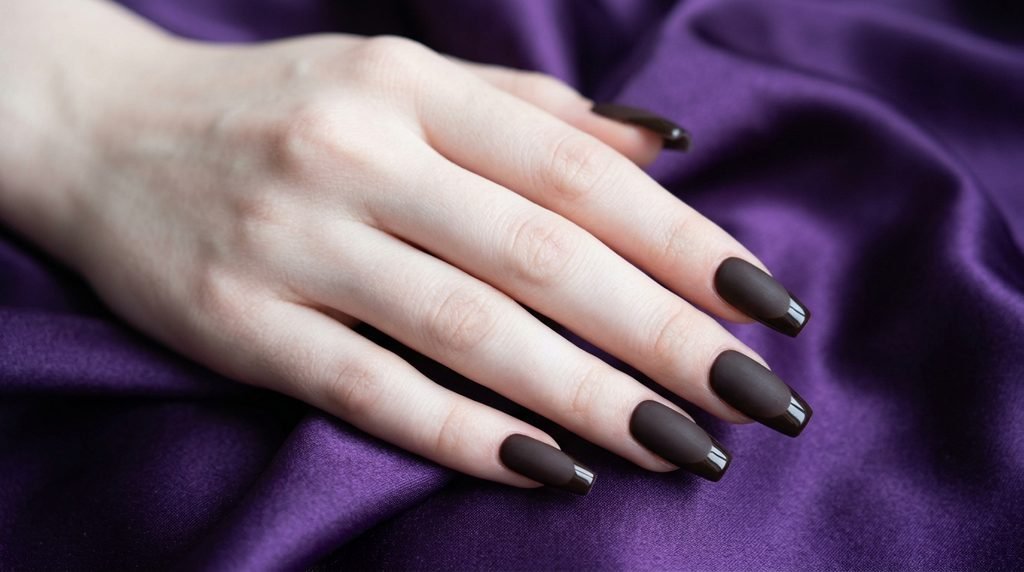 Cacao brown almond nails with a tortoiseshell accent nail on an 18-year-old female hand with white skin over burgundy leather.