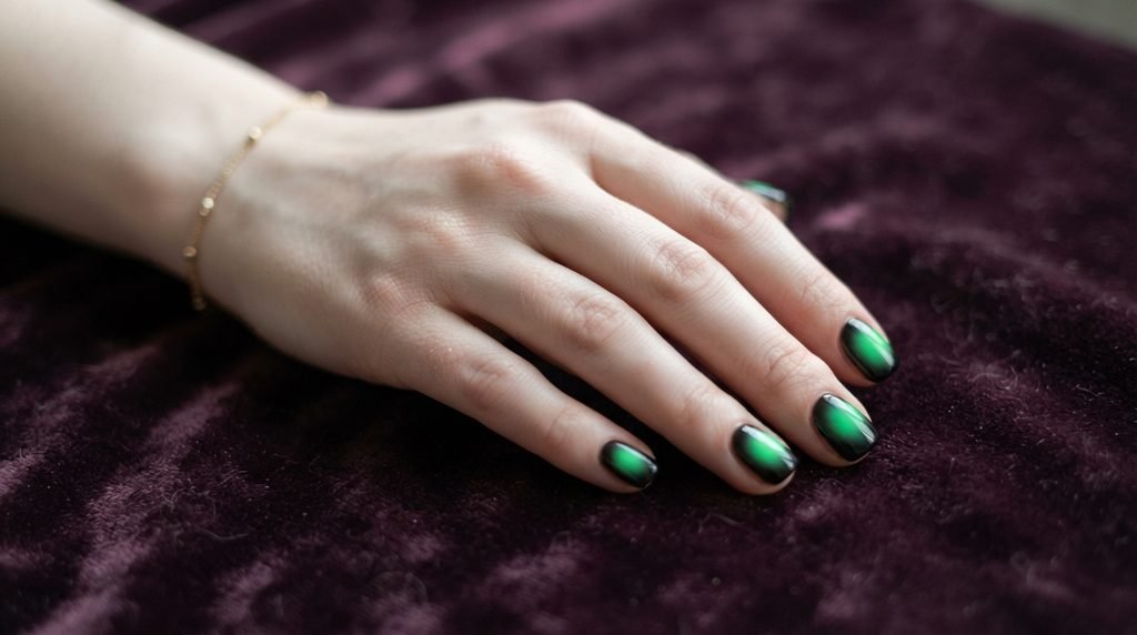 Short squoval nails with compact green aura centers on a deep plum velvet background.
