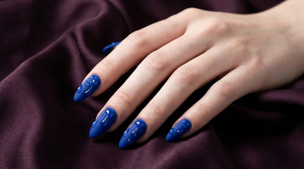 Matte cobalt almond nails with clear glossy drip accents on very white skin.