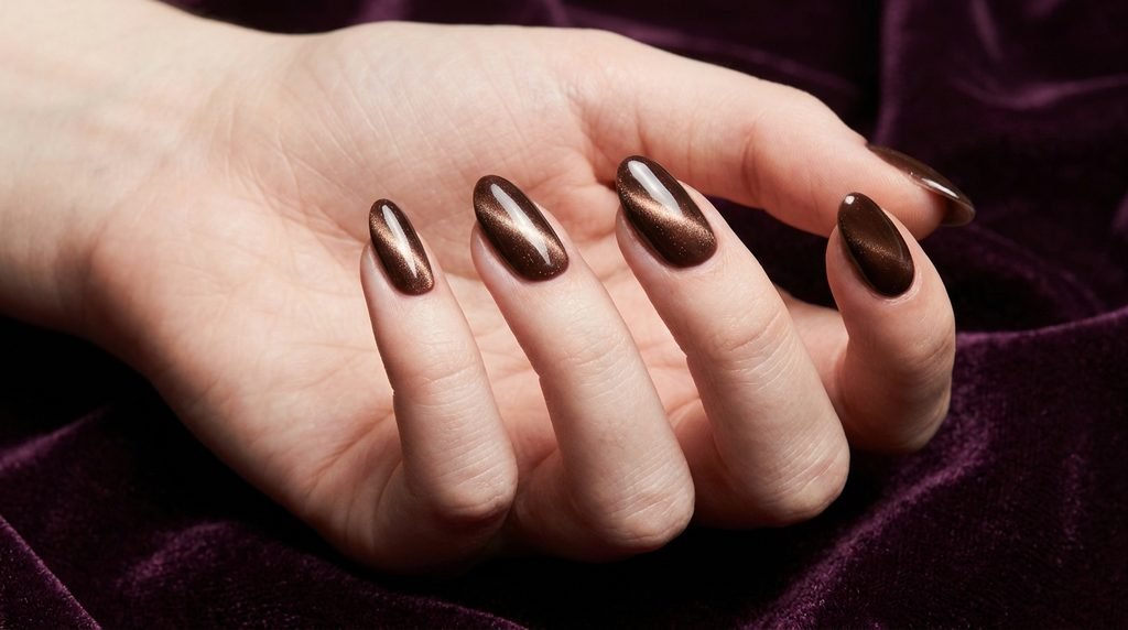 Close-up of an 18-year-old female hand with very white skin and cacao brown cat eye almond nails against dark plum velvet.