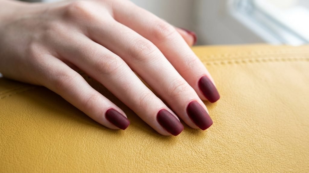Female hand, 18 years old with very white skin tone, showing matte oxblood squoval nails over a mustard leather background.