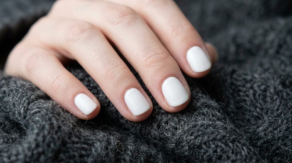 Short white painted nails on an 18-year-old female hand over charcoal grey wool fabric.