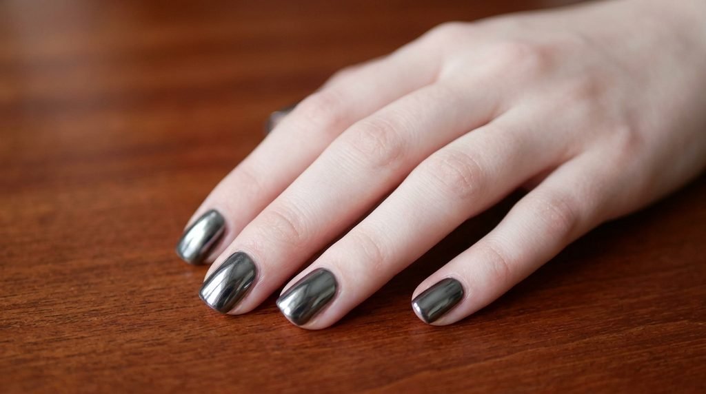 Charcoal grey chrome short square nails on an 18-year-old female hand with white skin tone against mahogany wood.