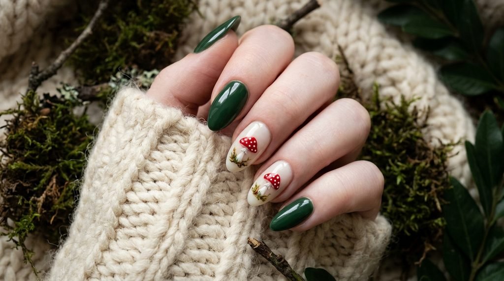 Almond nails painted in dark forest green with hand painted red toadstool accents on an eighteen year old female hand with white skin.