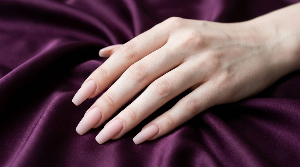 Cashmere nails in milky blush pink on long coffin nails against deep plum background.