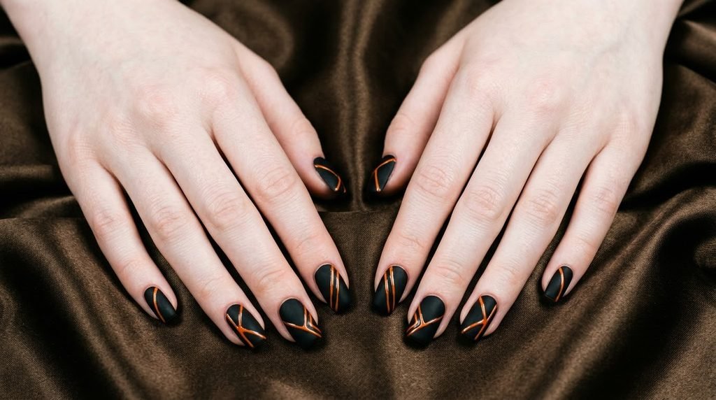 Square nails with matte black polish and glossy  orange lines on an 18-year-old female hand with pale skin.
