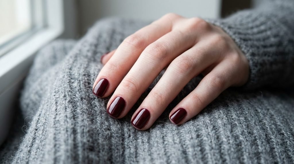 Natural short squoval nails painted in deep burgundy oxblood polish resting on a grey wool fabric background.