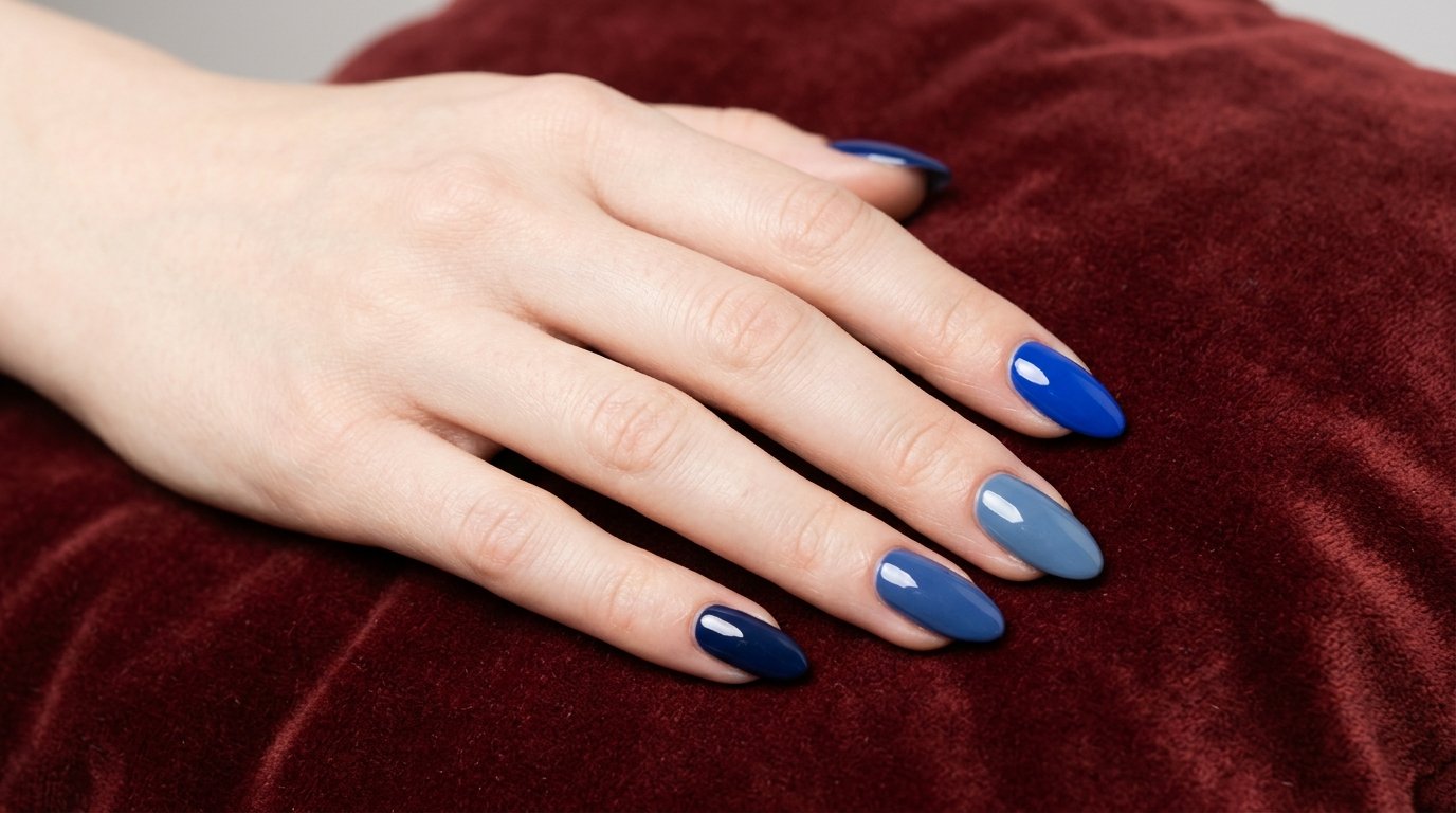 Close-up of female hand with very white skin showing almond nails painted in navy, denim, and cobalt blue shades.