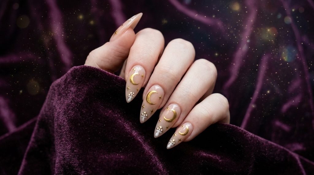 Stiletto nails adorned with metallic gold moons, stars, and painted mushrooms on an eighteen year old hand with white skin.