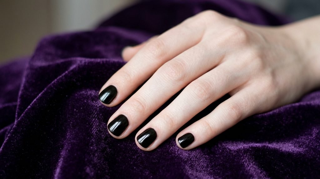 A close-up of an 18-year-old female hand with smooth, very white skin and short, neatly rounded nails painted with glossy black polish, set against a deep amethyst violet velvet background.