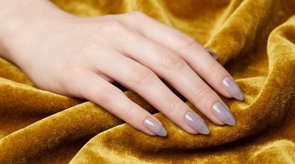 Smoked lavender sheer manicure on an 18-year-old female hand with very white skin on golden yellow velvet.
