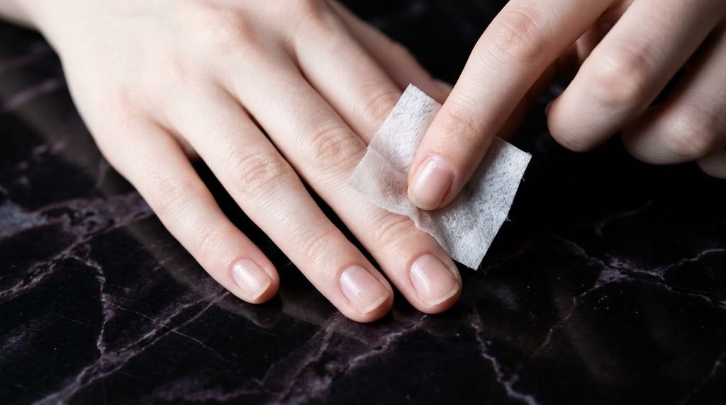 A close-up view of an 18-year-old female hand with smooth, very white skin and short, bare, prepped nails, resting on a deeply shadowed black and dark violet veined marble surface, with one finger using a lint-free wipe.