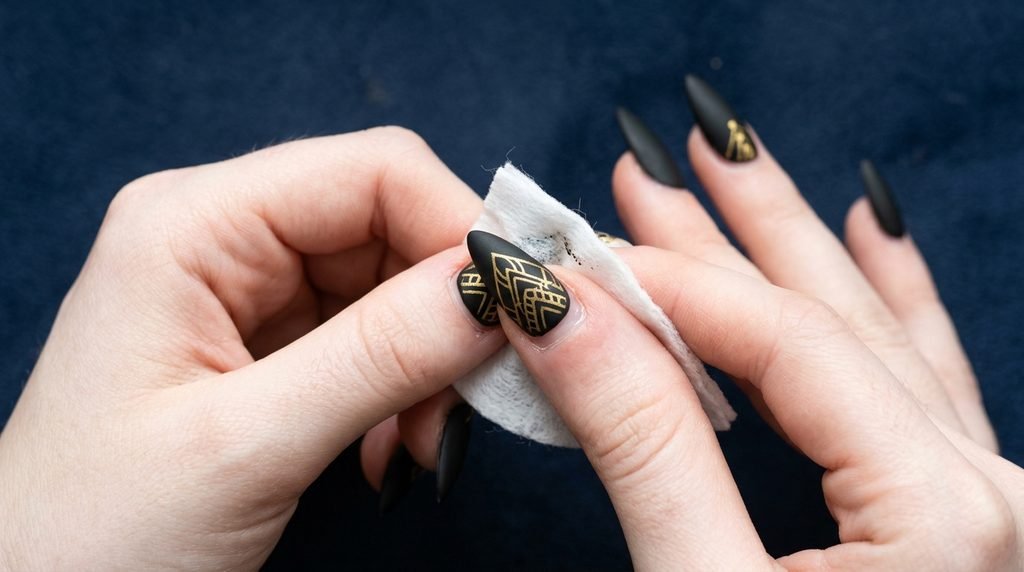 An 18-year-old female hand with very white skin cleaning a matte black stiletto nail with a pad on a dark navy surface.