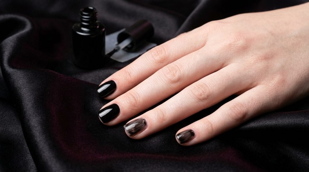 A close-up view of an 18-year-old female hand with smooth, very white skin and short nails, showing a comparison between perfect opaque glossy black application and a thin, slightly streaky first coat, against a dark black satin background with subtle burgundy-violet reflections.