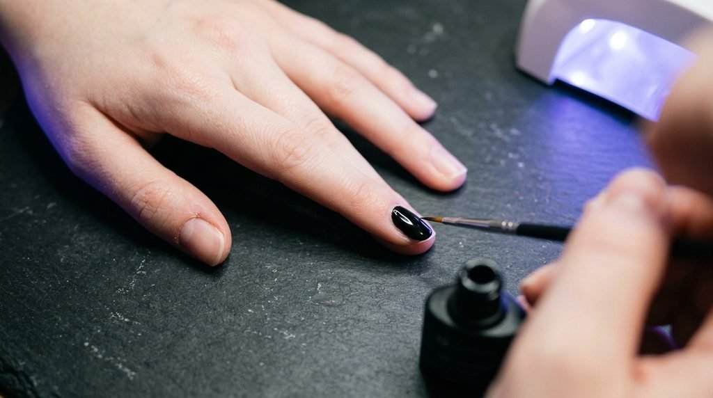 Thin layer of jet black gel polish being applied to a nail on an 18-year-old pale female hand under a manicure lamp.