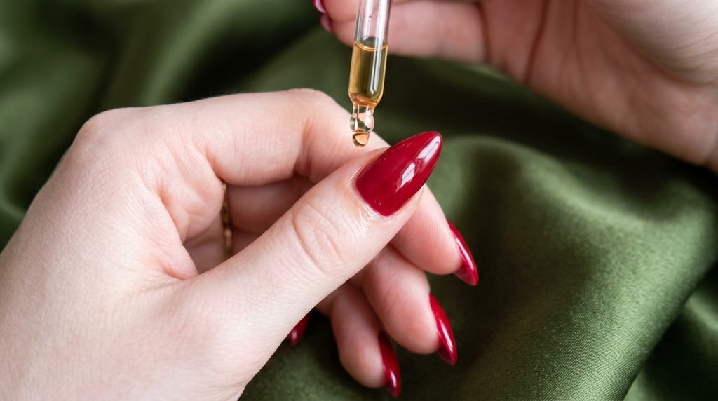 Dropper placing cuticle oil on fair skin around glossy cherry red nail.