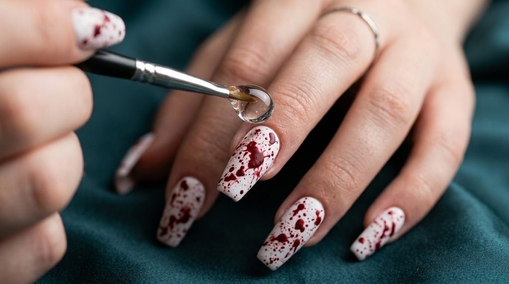A close-up photo of an 18-year-old female hand with white skin and long coffin nails featuring dry red blood splatter over white. A brush with a large bead of clear top coat hovers above the nail, demonstrating a floating application against a teal silk background.