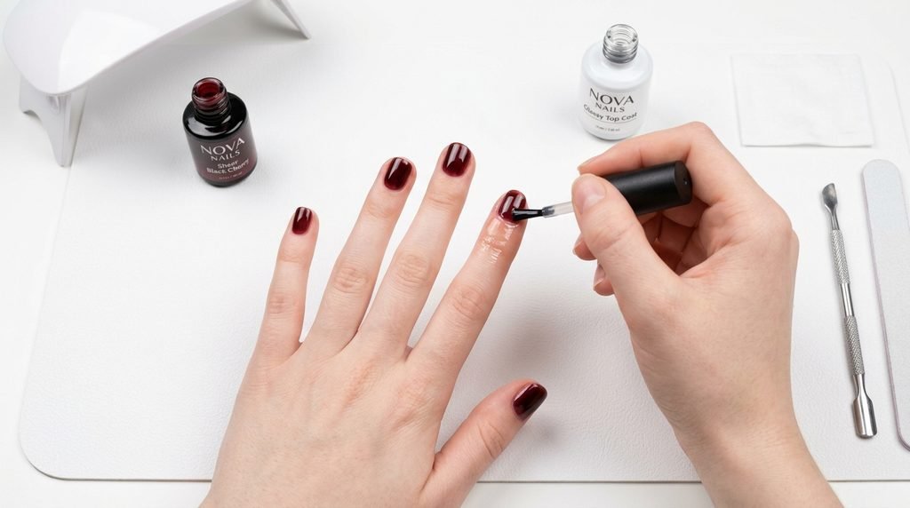 Hand applying top coat brush over sheer black cherry jelly nail at manicurist desk.