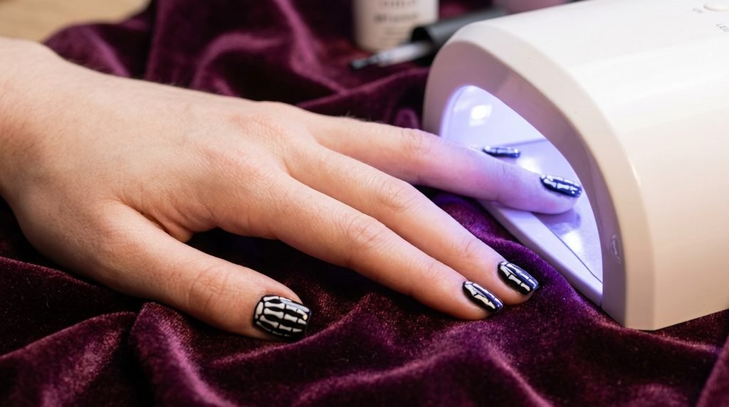 A close-up view of an 18-year-old female hand with smooth white skin and short square nails with x-ray skeleton gel art, positioned near a UV nail lamp, against a dark burgundy-violet velvet background.
