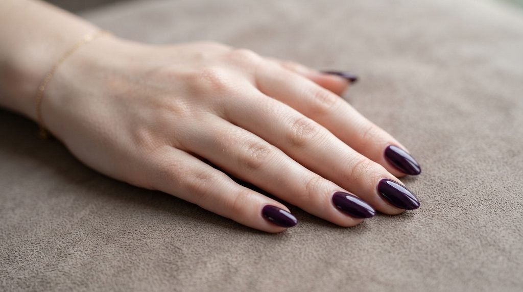 Close-up of deep aubergine high-gloss gel nails on an 18-year-old female hand.