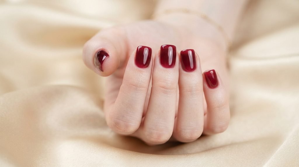 Translucent black cherry jelly manicure on short squoval nails with pale skin.