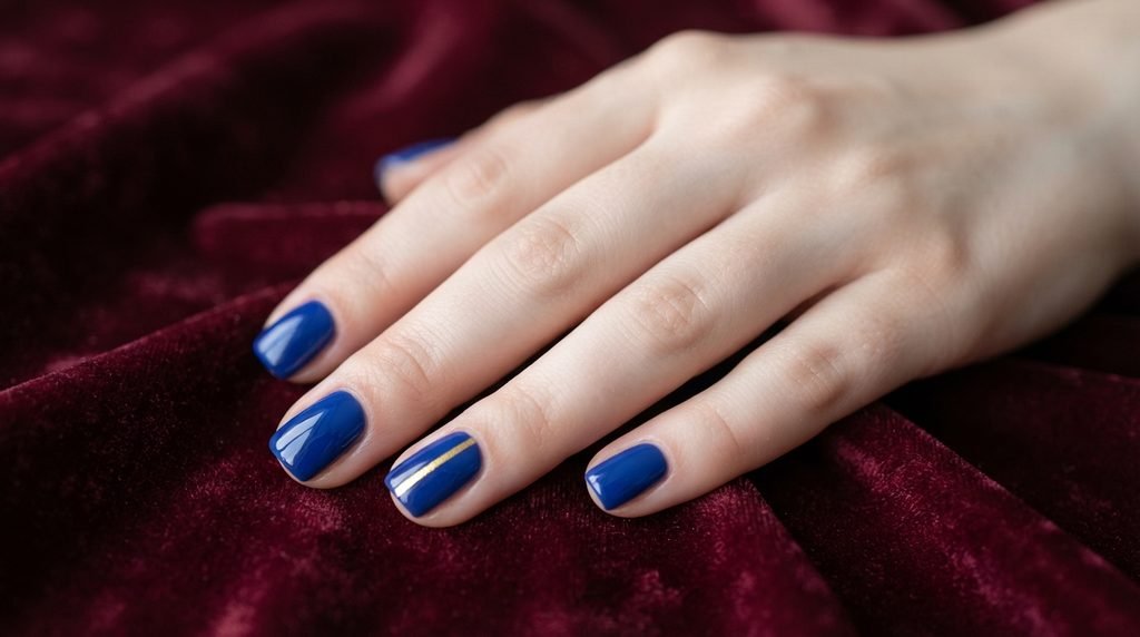 Close-up photograph of short square sapphire blue nails with gold foil on a young woman's hand resting on burgundy velvet.