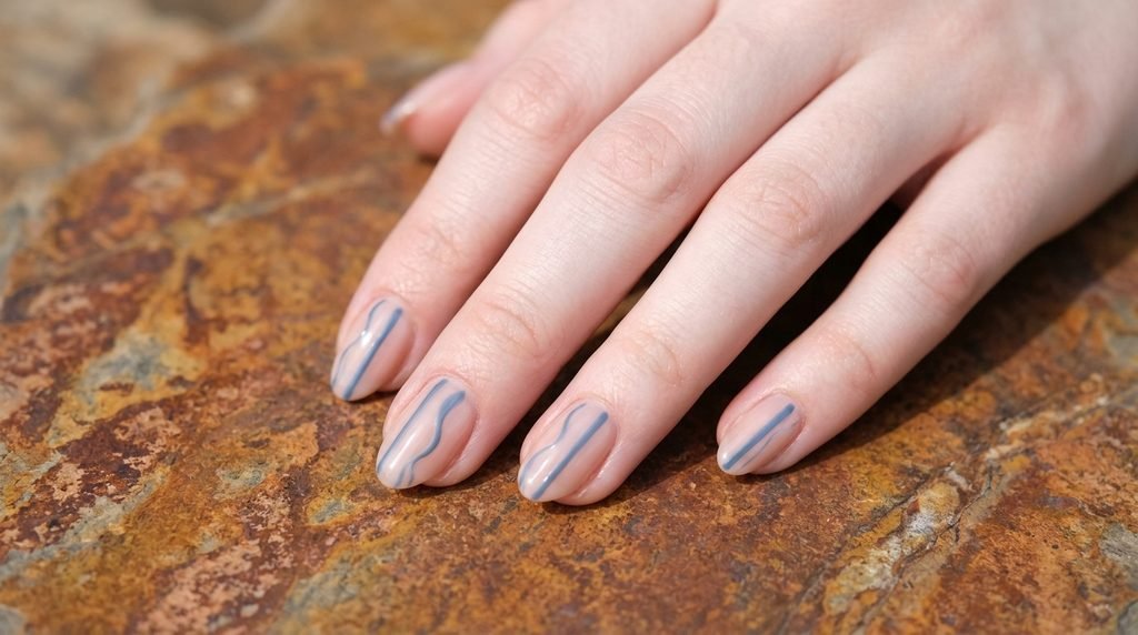 Denim blue ribbon stripe art on short almond nails.
